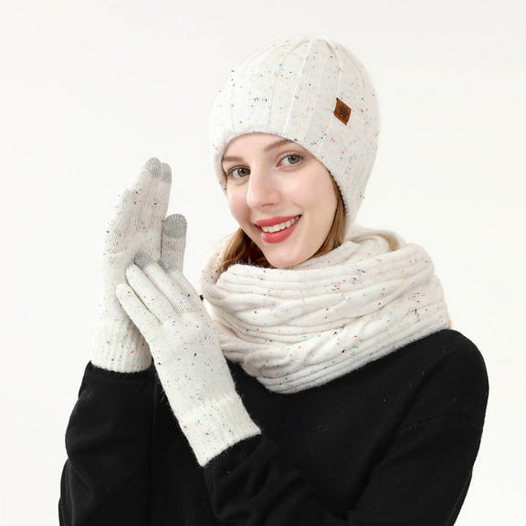 Women's Winter Hat Gloves Scarf Set Soft Wool Beanie Hat Cable Knit Scarf Gloves 3Pcs Gift White