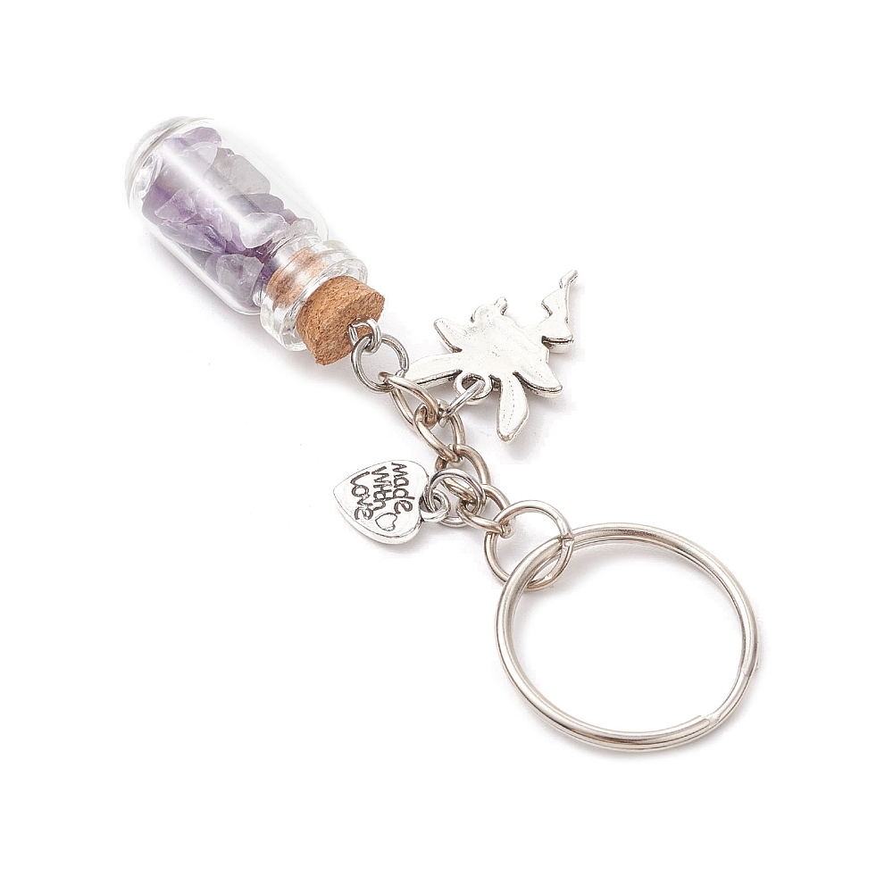 7pcs Glass Wish Bottle Keychains with Iron Split Key Rings and Gemstone Chip Beads 89mm