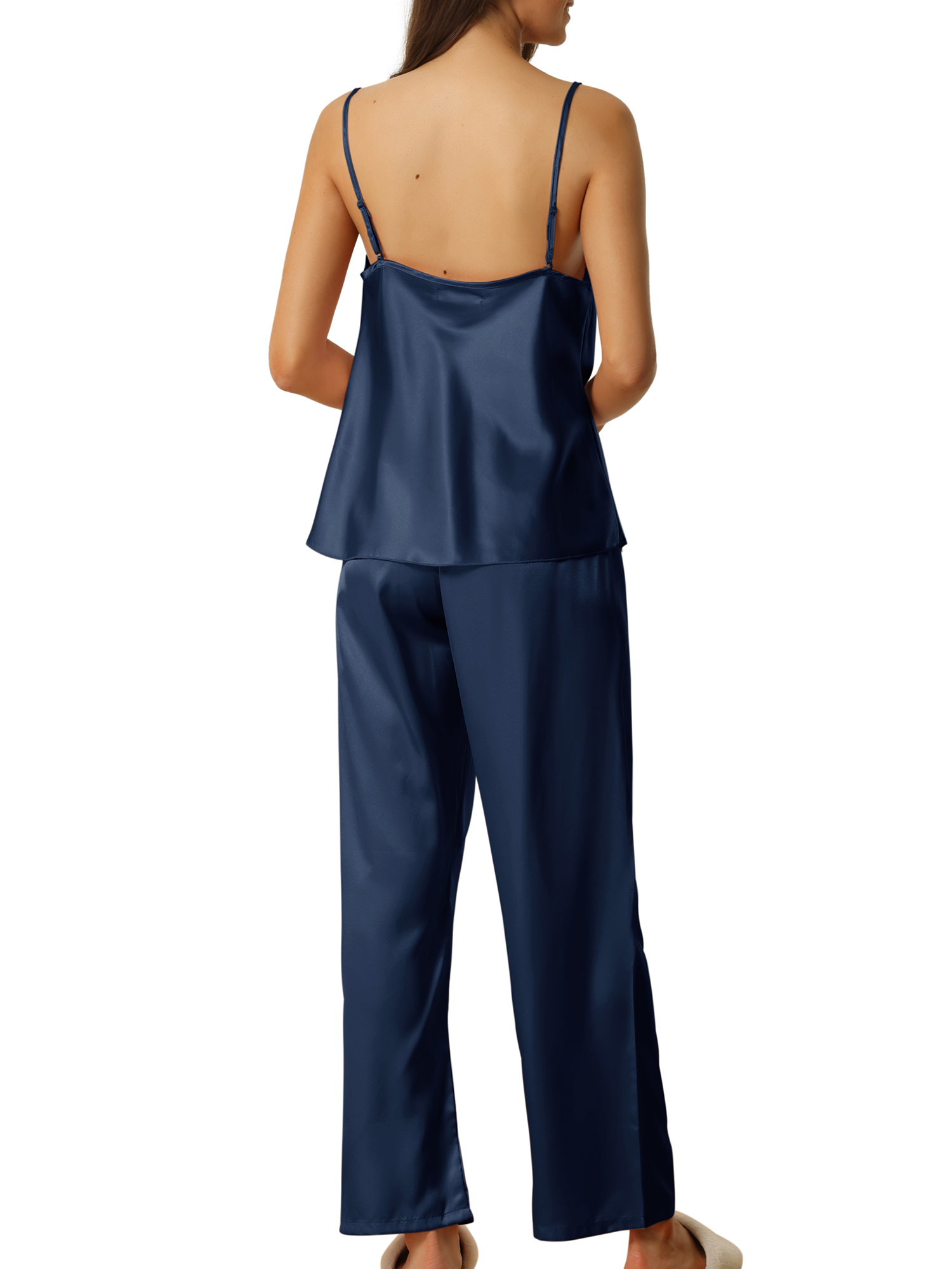 Unique Bargains Womens Satin Cowl Neck Cami Top with Long Pant Loungewear Pajama Set Dark Blue S