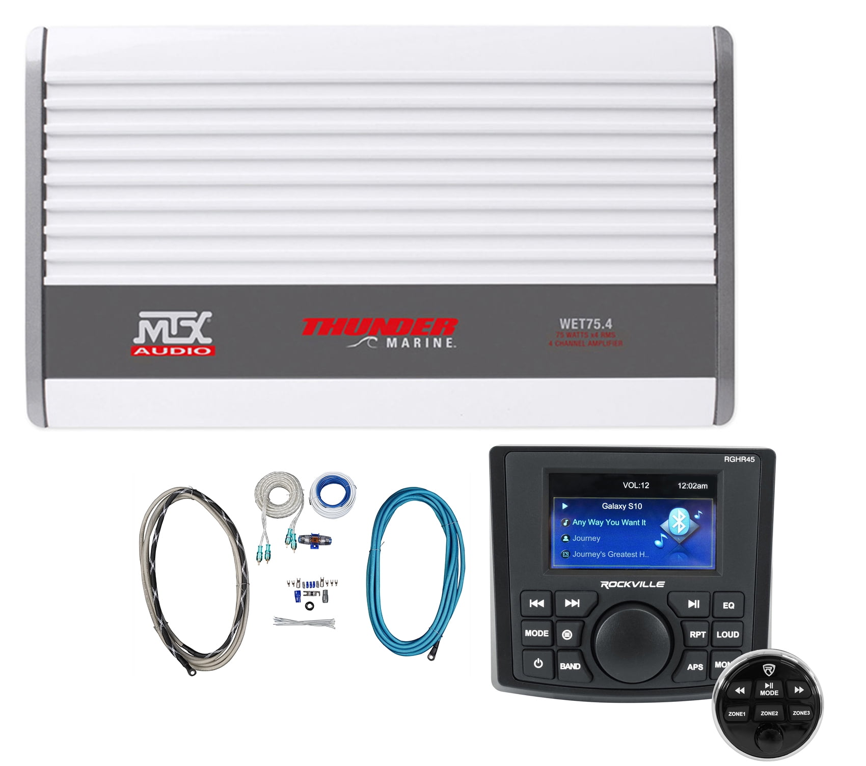 MTX WET75.4 Marine 4Channel Amplifier Bundle with 4Zone Bluetooth
