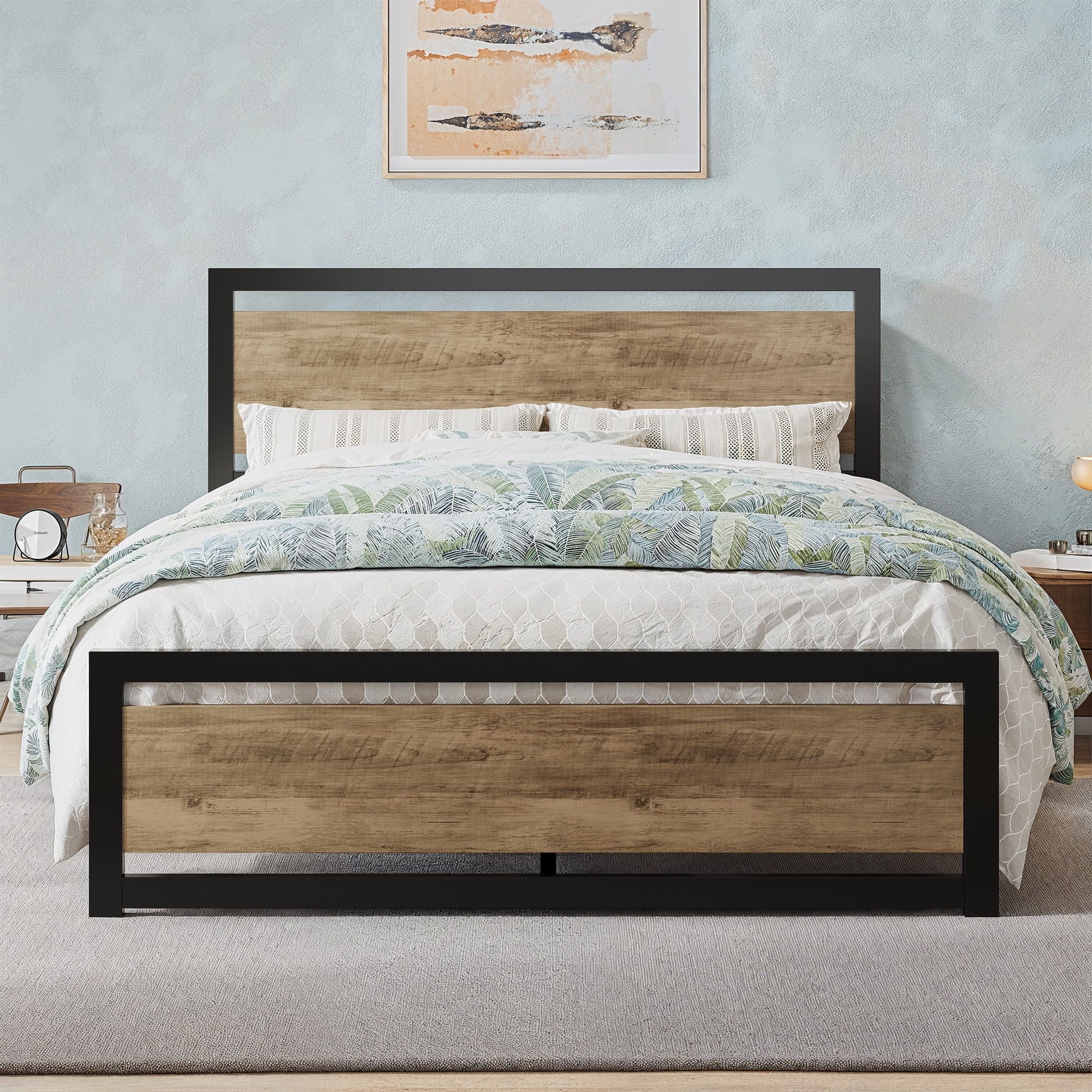 Allewie Queen Bed Frame, Metal Platform Bed Frame with Wooden Headboard, 12.4" Under-Bed Storage, Brown