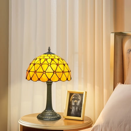 Tiffany Style Stained Glass Table Lamp  Orange Tea Beads 12 Inch Warm Light Bedside Lamp For Bedroom Dorm Offee Shop Reading Study Home Decor Art Gift Retro Atmosphere Lighting Nightstand Lamp