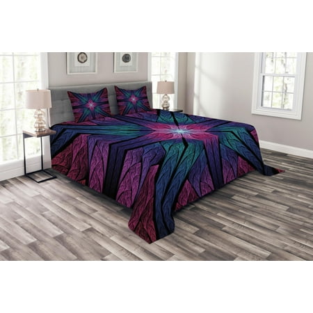 Plum Bedspread King Fractal Bedspread Set, Psychedelic Colorful Sacred Symmetrical Stained Glass Figure Vibrant Artsy Design, Decorative Quilted Coverlet Set with Pillow Shams Included, Plum Indigo, by Ambesonne ()