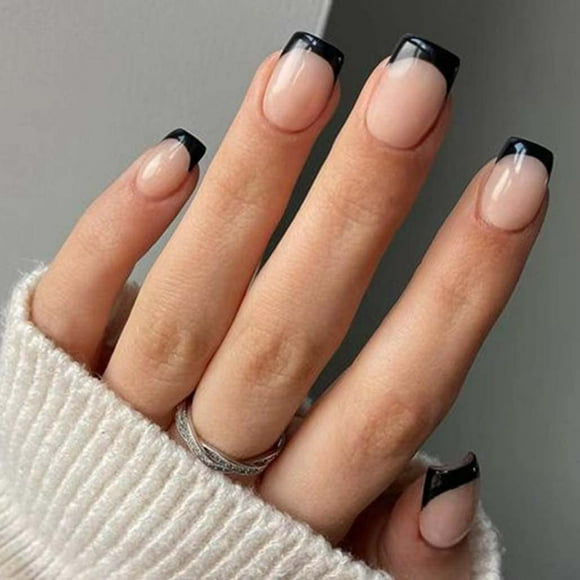 Foccna Uñas postizas francesas/falsas puntas cuadradas prensadas cortas desnudas para mujer, color negro, uso diario, uñas artificiales para decoración de manicura (negro)