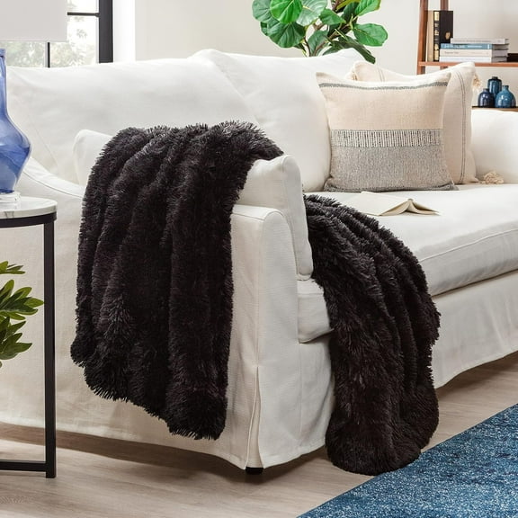Omsix Premium Solid Faux Long Fur Throw Blanket - Soft, Fuzzy Throw Blanket - for Bed or Couch - 60" x 70" - Black
