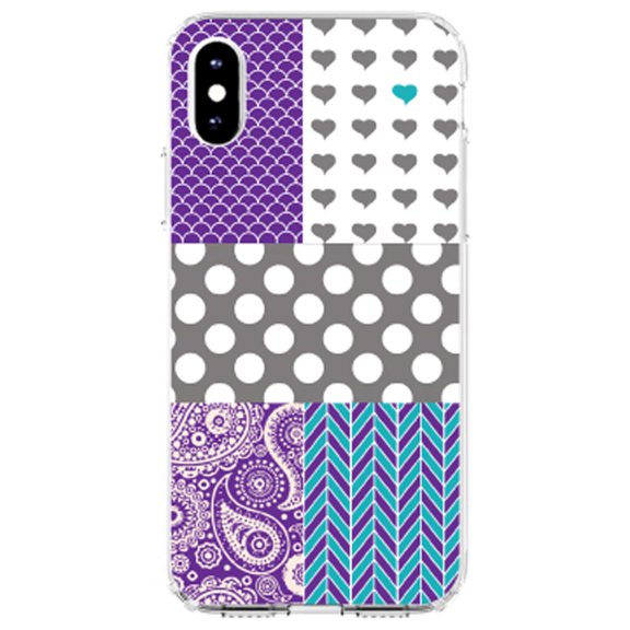 DistinctInk Clear Shockproof Hybrid Case for iPhone X / XS (5.8" Screen) - TPU Bumper, Acrylic Back, Tempered Glass Screen Protector - Purple Teal Grey Patterns