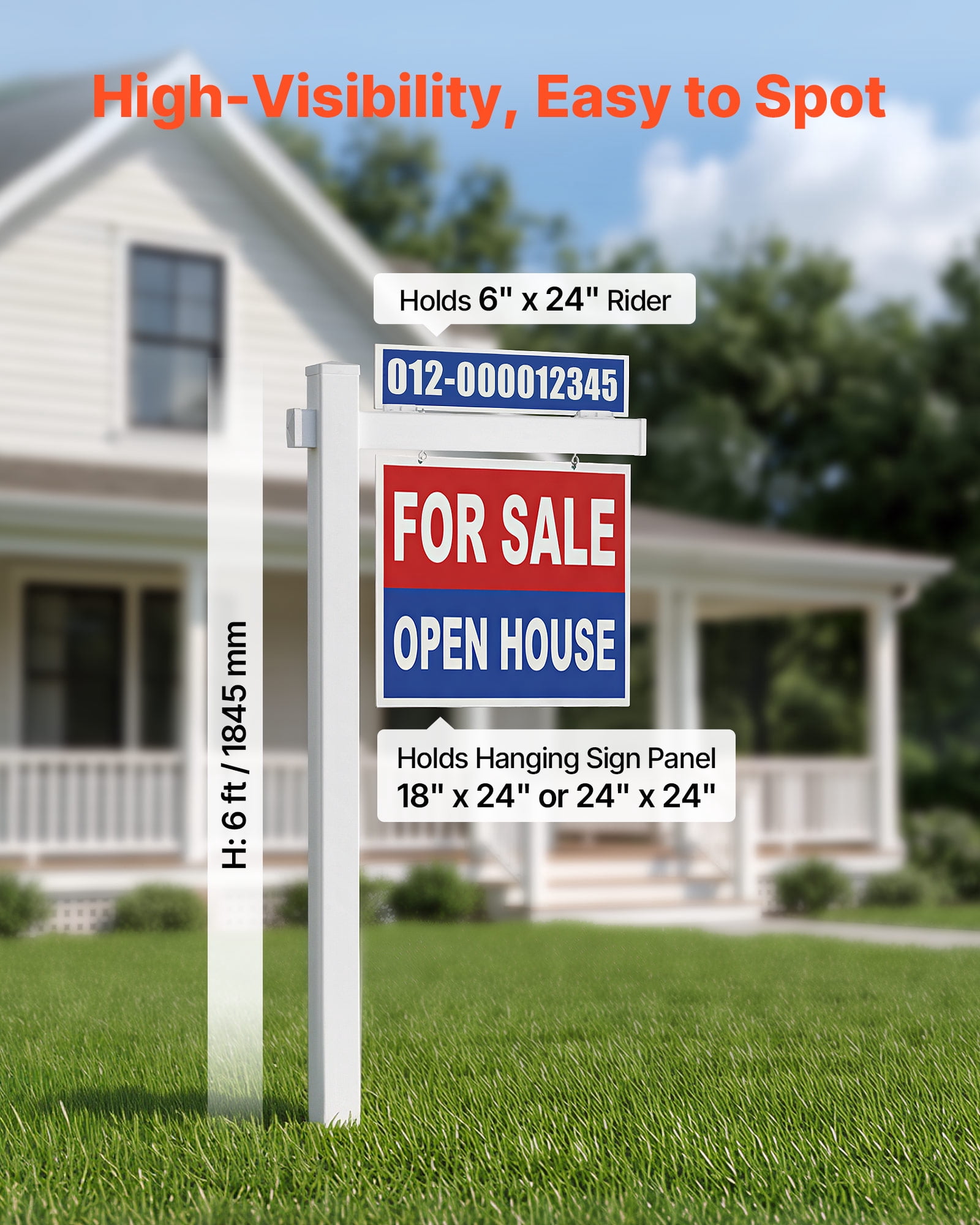 VEVOR Real Estate Sign Post, 6 ft Tall, PVC Realtor Yard Sign Holder with 36 in Arm Holds up to 24 in, Easy to Install, Wind-Resistant, for Open House and Home, Yard, Road, Outdoor, White (No Signs)