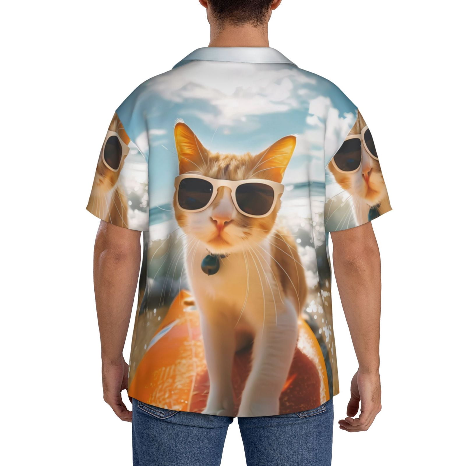 Xecao Surfing Cat Sun Men's Casual Short-sleeved Shirt, a button-up collared shirt with a pocket-Large