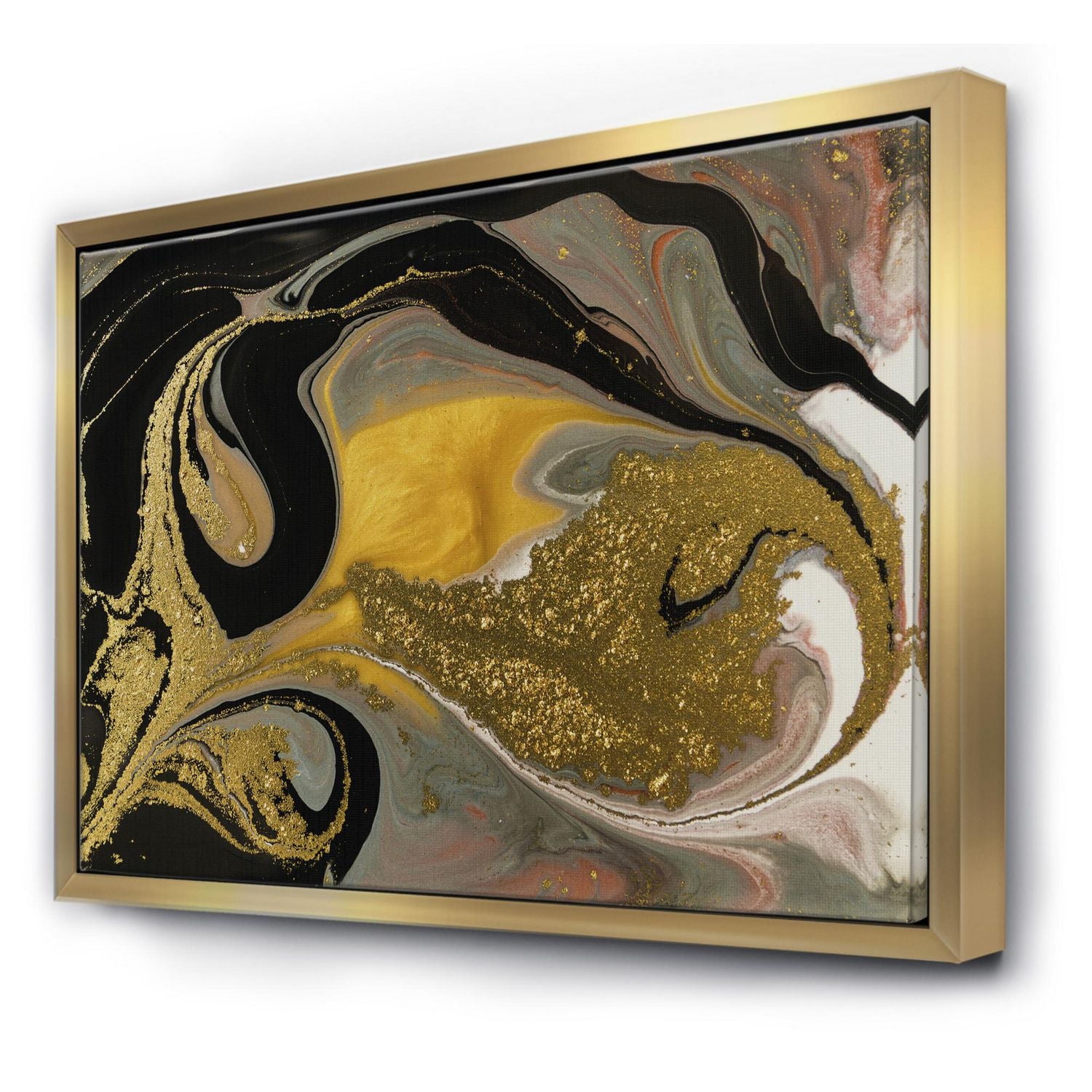 Designart Gold And Black Marbled Rippled Texture I FLOAT FRAME WALL ART