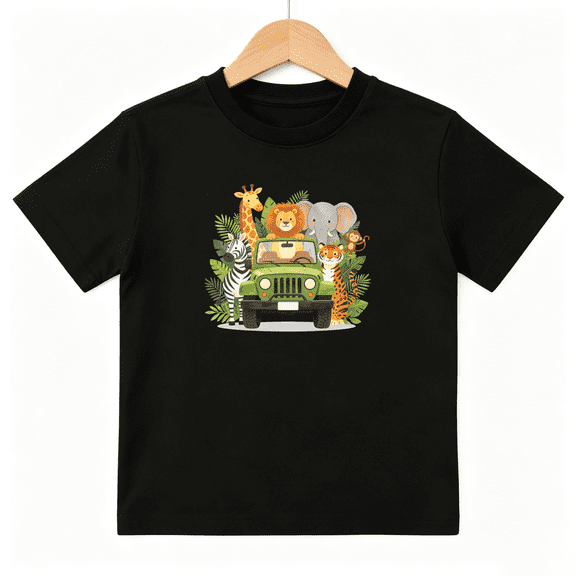 Safari Jungle Animals Off Road Truck Boys Graphic Tees Kids T-Shirt 100% Cotton Short Sleeve Tops Ages 4-13Y
