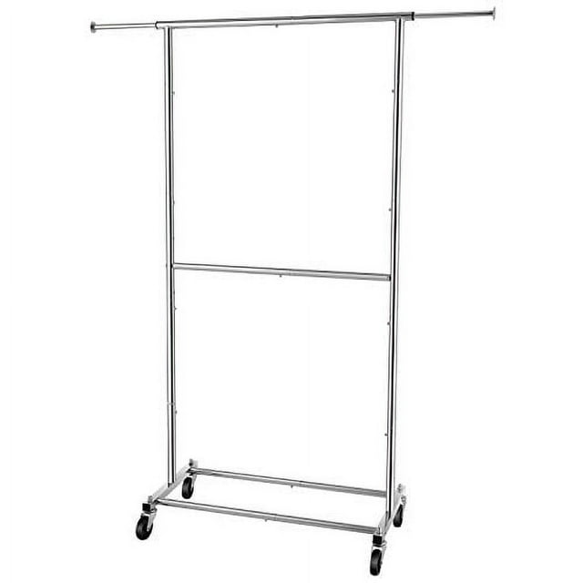 Simple Trending Double Rod Clothing Garment Rack, Rolling Clothes Organizer on Wheels for Hanging Clothes, Chrome