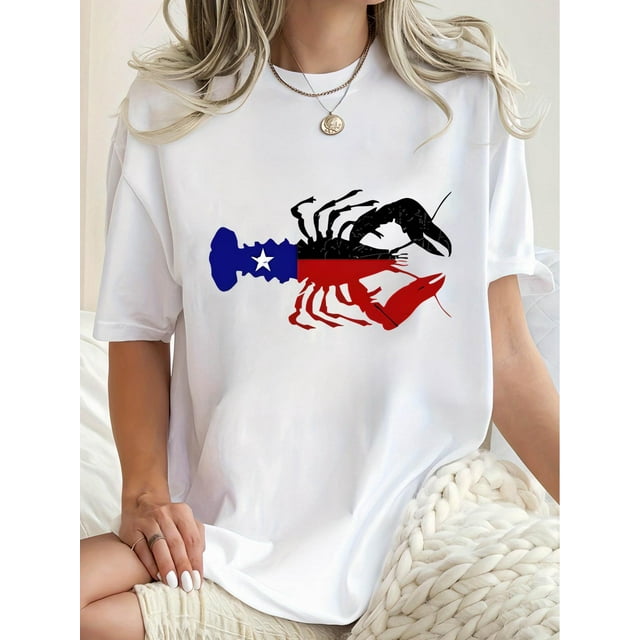 Camiseta De Verano Con Cuello Redondo Para Mujer, Camisetas De Verano Para Ir De Compras En La PlayaCreative Flag-Inspired Lobster Print Fashion Tee for Women, Casual Crew Neck Short Sleeve T-Shirt,