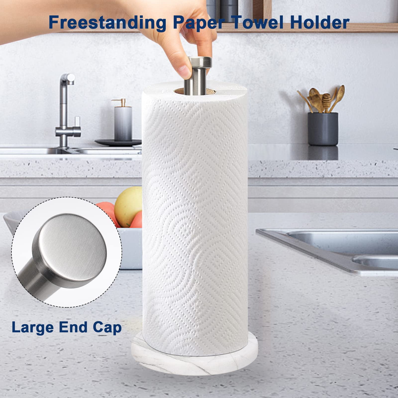 Standing Paper Towel Holder  Kitchen Tissue Holder- For Bathroom Countertop Standard Or Jumbo-sized Roll (with Marble Base Brushed Nickel)