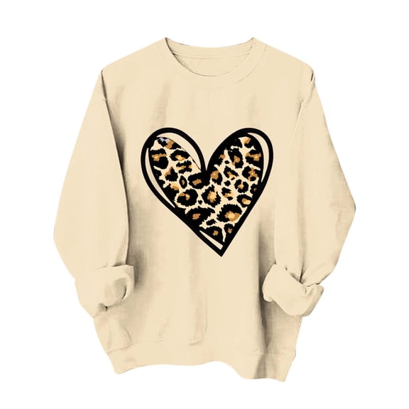 Womens 2026 Romance Tops Comfy Round-Neck Leopard Sweatshirt Valentines Fashion Print Long Sleeve Outfits Casual Love Tees Soft Daily Clothing Shirts