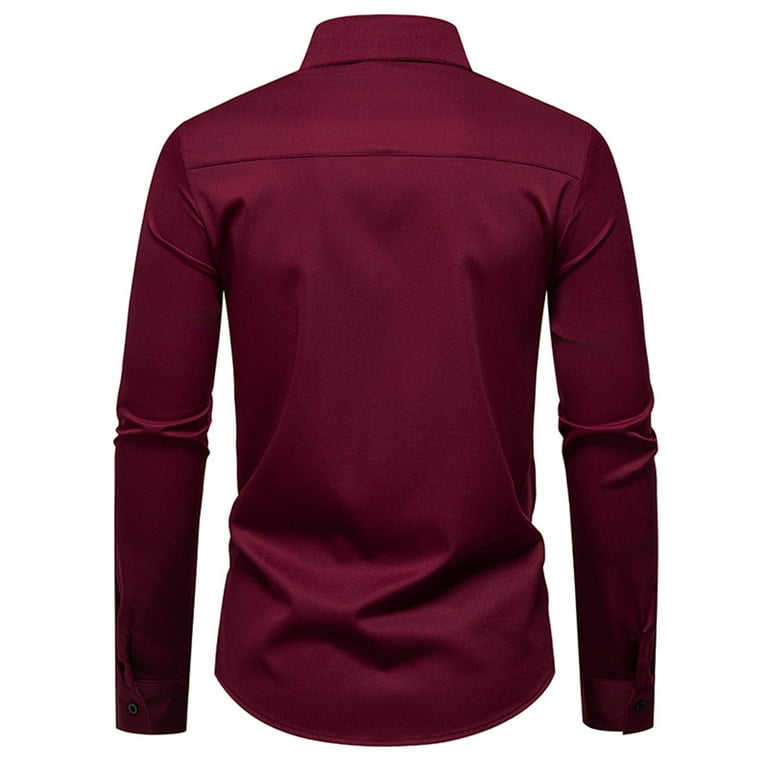 Stamzod Men's Fashion Dress Shirt Solid Color Long Sleeve Button Down Shirt Business Casual Shirts for Men Wine H M, Size: Medium