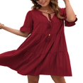 thumbnail image 2 of Women Short Sleeve Loose Dress with A-line Version  Simple Style Solid Color V-neck Summer Clothing, 2 of 6