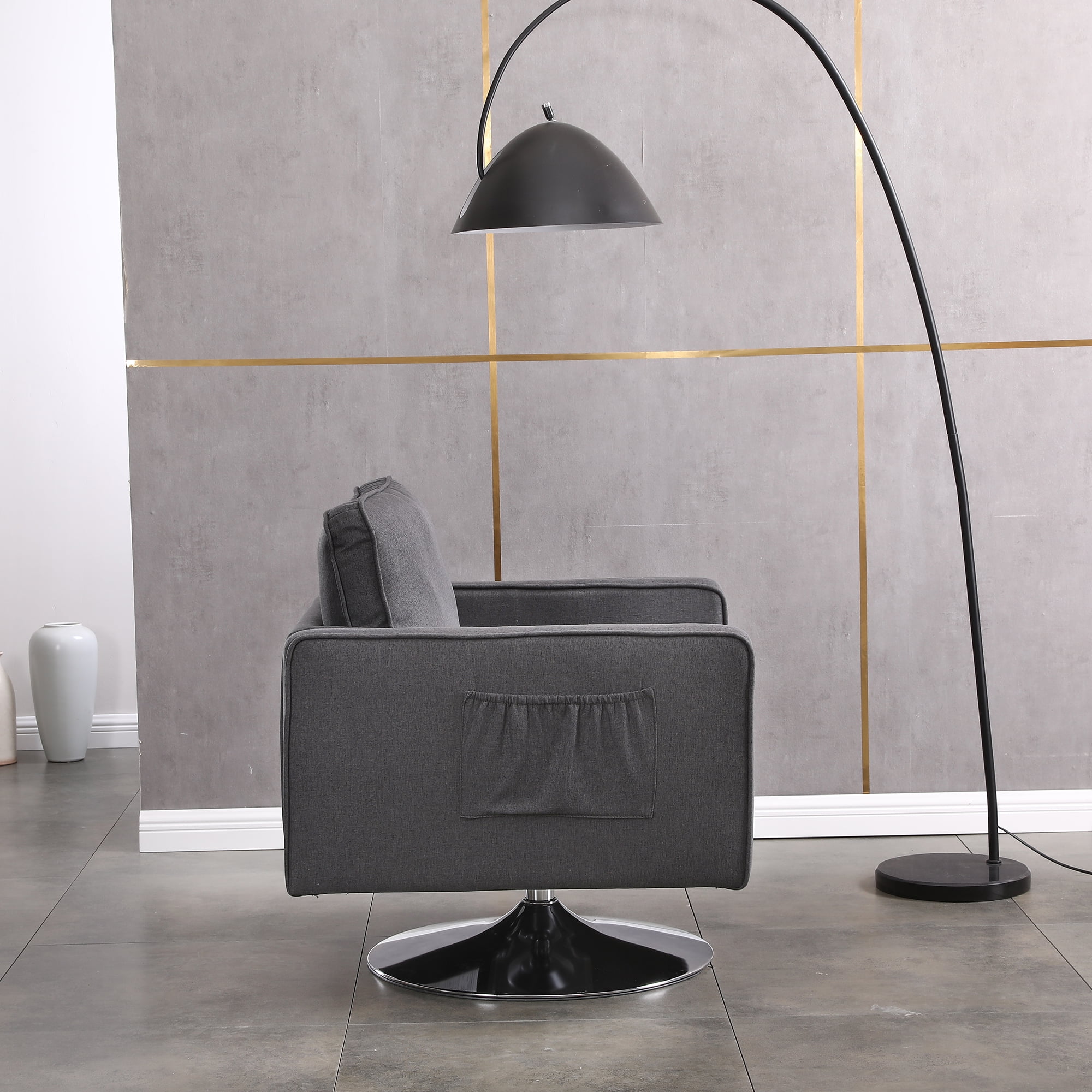 Kadyn Swivel Accent Barrel Chair, Linen Armchair with 360 Degree Swiveling and Side Pocket for Living Room, Dark Gray Kadyn Swivel Accent Barrel Chair, Linen Armchair with 360 Degree Swiveling and Side Pocket for Living Room, Dark Gray