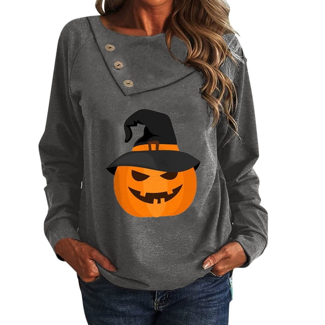 Hauts pour Femmes Mode Manches Longues Boutonné Imprimé Mignon Col Rond Pull Léger Tempérament Sport Blouse Douce (TG, Gris)