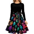 thumbnail image 4 of Women's Halloween Dress Pumpkin Candy Crew Neck Hepburn Cocktail Casual Dresses Long Sleeve 1950s Cute Funny Dress with Belt M, 4 of 5