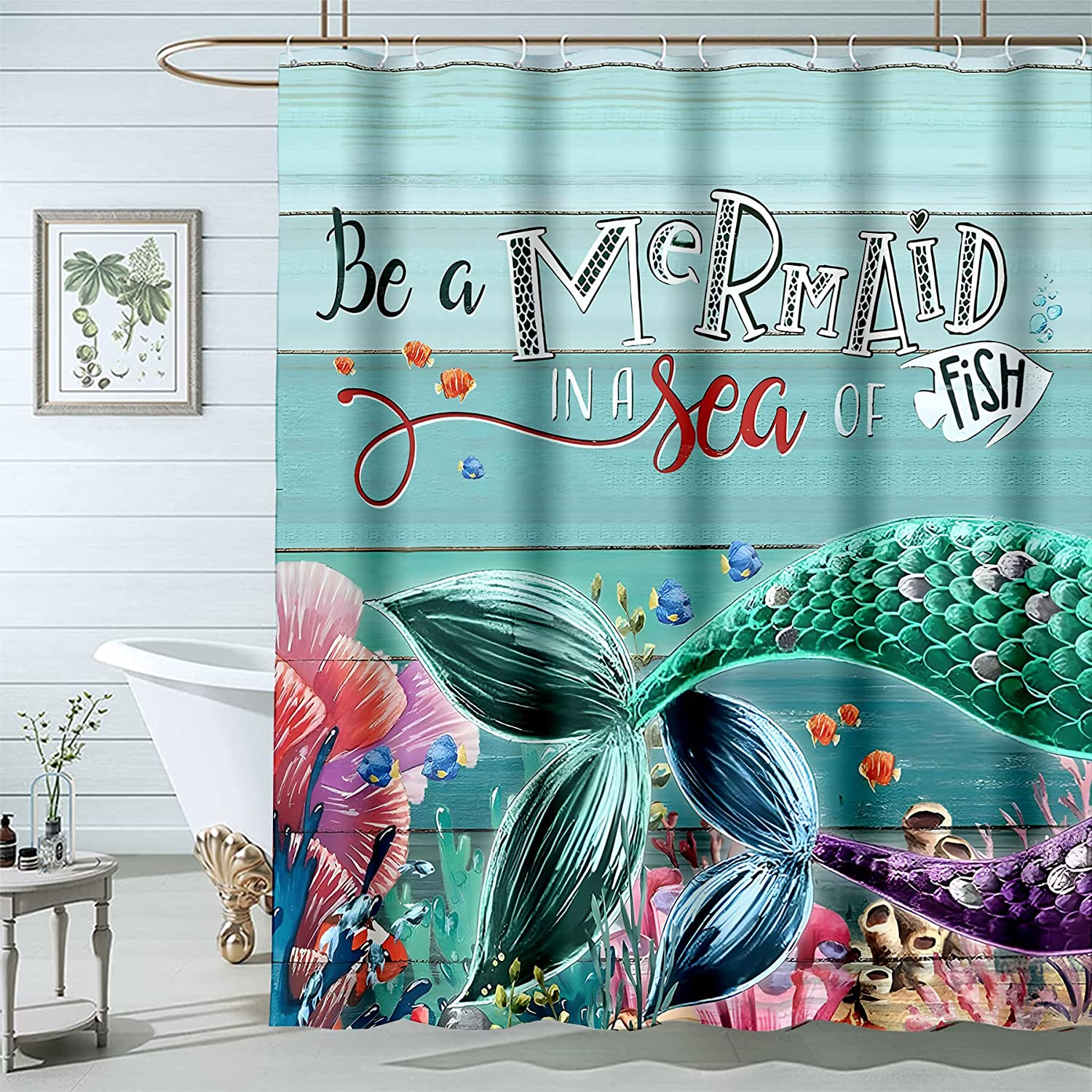 Mermaid Shower Curtain Wooden Sea Shower Curtain 72Wx72L Inch Mermaid