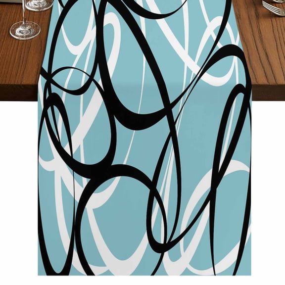 Table Runners 48 Inches Long Dress Scarves, Aqua Geometric Farmhouse Kitchen Table Runner, Short Coffee Tablerunners, Modern Black White Striped Abstract Lines 13x48 Inch
