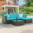 thumbnail image 1 of ACEGOSES 5 Pieces Patio Furniture Sets Outdoor Sectional Rattan Conversation Sofa, Tempered Glass Tabletop - Dark Brown Wicker/Lake Blue Cushions, 1 of 7