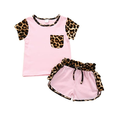 

Toddler Kids Baby Girls Leopard Print T-shirt Shorts Outfits Set Sports Clothes