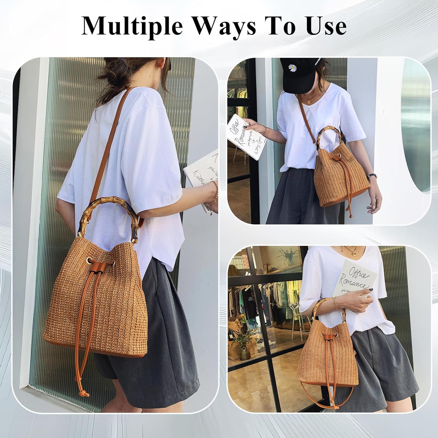 Straw Purse for Women, Summer Straw Bucket Bag Trendy Hobo Bag Straw Shoulder Crossbody Handbags with Bamboo Handle