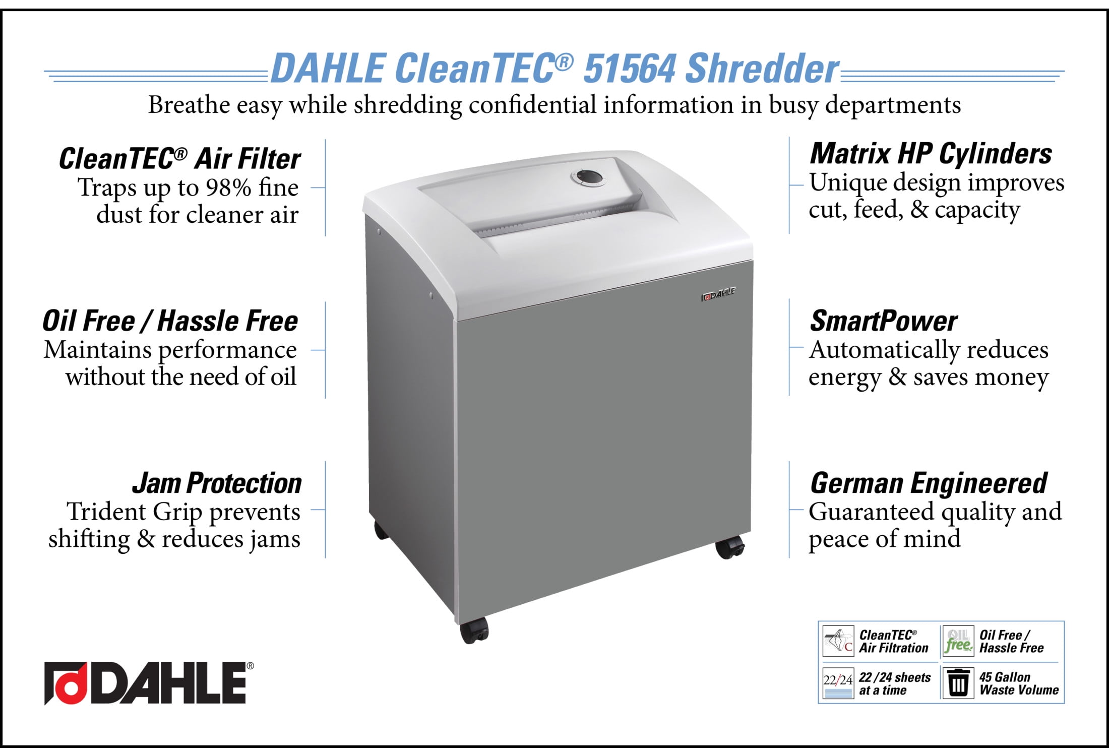 DAHLE CleanTEC 51564 Oil-Free Paper Shredder w/Air Filter, German Engineered, 22 Sheet Max, Level P-4 | O-3