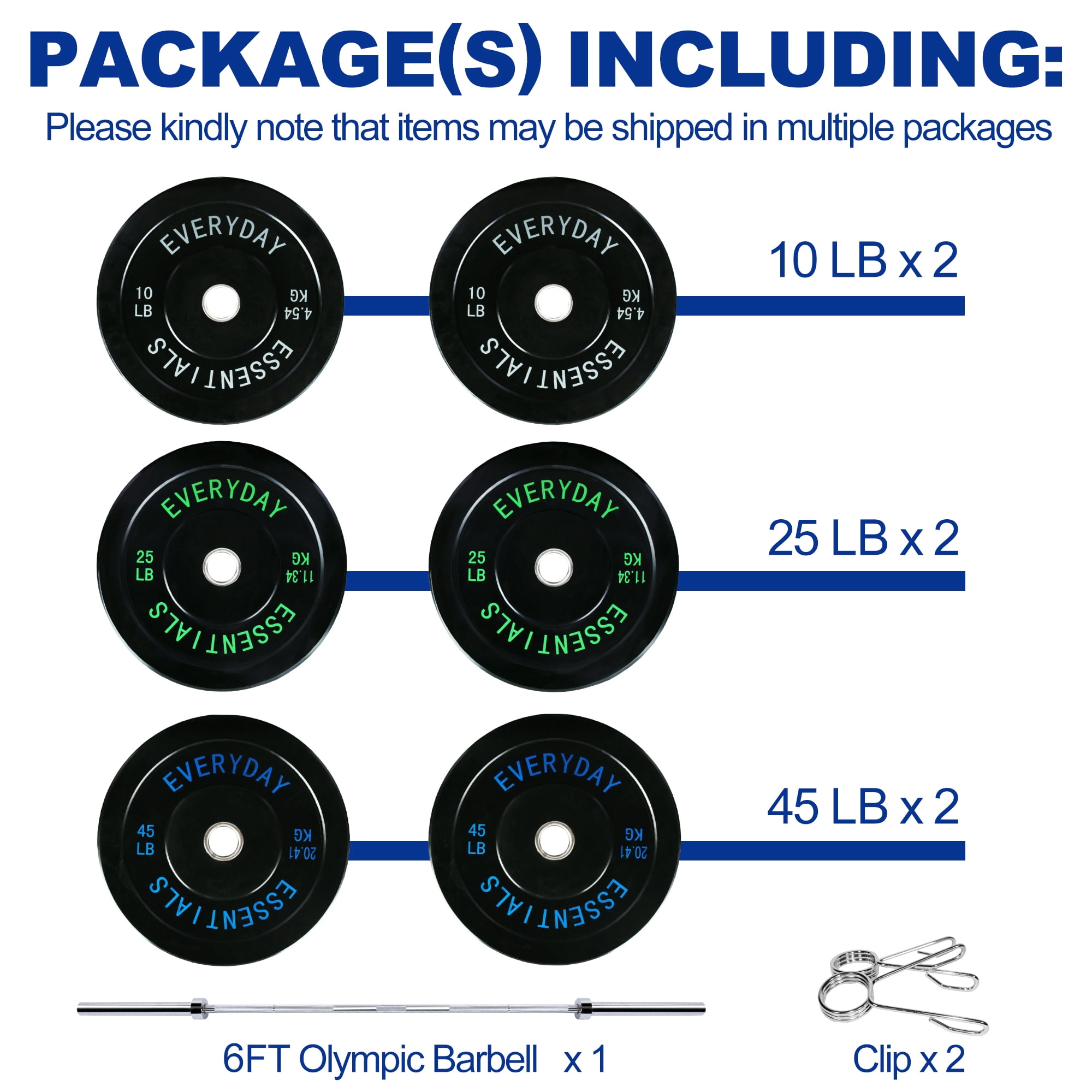 BalanceFrom Olympic Bumper Plate Weight Plate with Steel Hub, Black, 160 lbs Set with 6FT Olympic Barbell and Clips, Multiple Packages