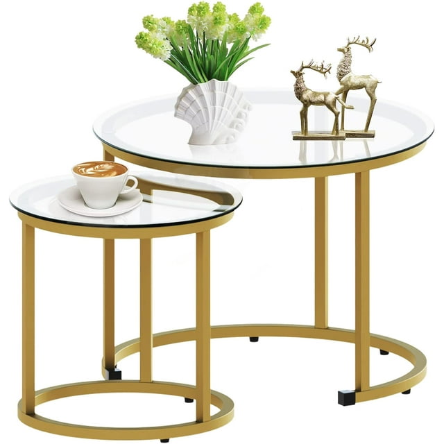 Coffee Table Nesting Set of Side Set Golden Frame Circular Round and Marble Pattern Wooden Tables Living Room Bedroom Apartment Modern Industrial Simple Nightstand