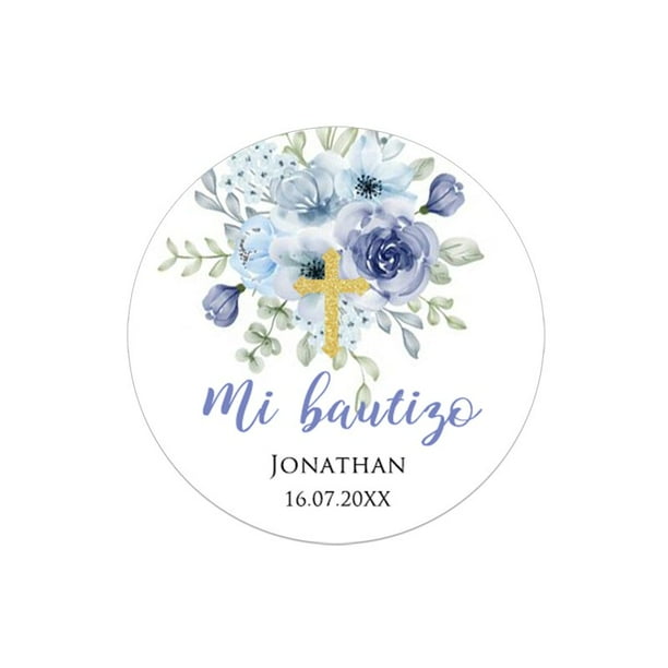 Etiquetas adhesivas para bautizo y bautismo, calcomanías personalizadas con nombre, fecha, texto, primera comunión, marco Floral, fiesta