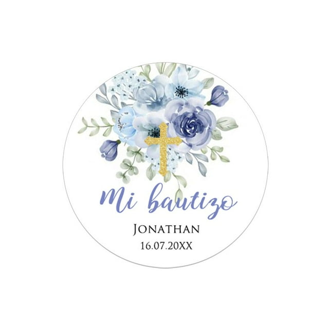 Etiquetas adhesivas para bautizo y bautismo, calcomanías personalizadas con nombre, fecha, texto, primera comunión, marco Floral, fiesta