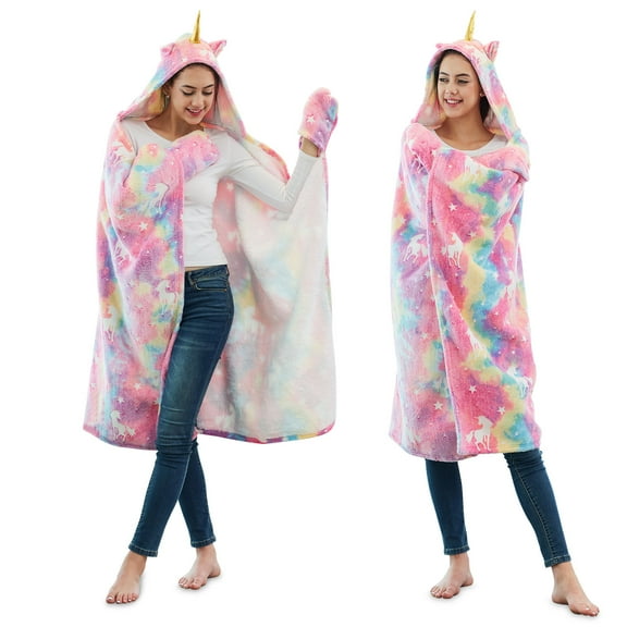Unicorn Wearable Hooded Blanket for Adults - Super Soft Warm Cozy Plush Flannel Fleece & Sherpa Hoodie Throw Cloak Wrap - Unicorn Gifts for Women Adults