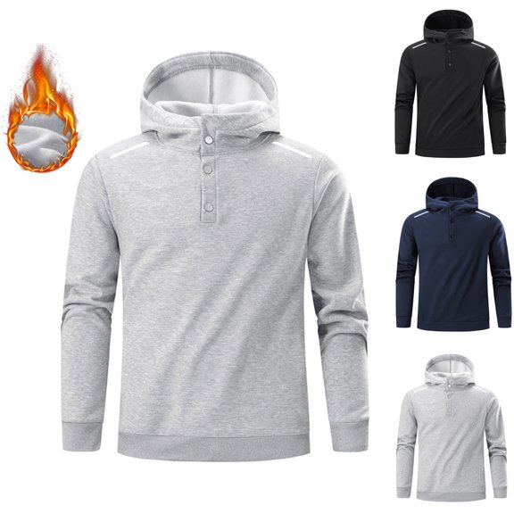 BiZtdJrK Men's Fleece Lined Henley Neck Hoodies Fall Winter Outdoor Casual Long Sleeve Pullover Hooded Sweatshirt, Black, L
