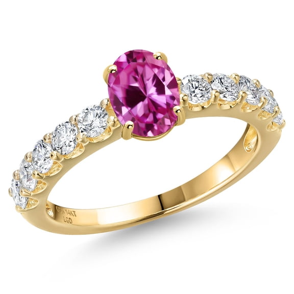 Gem Stone King 14K Yellow Gold Pink Created Sapphire and Lab Grown Diamond Engagement Ring for Women | 1.55 Cttw | Oval 7X5MM | Gemstone September Birthstone | Size 6
