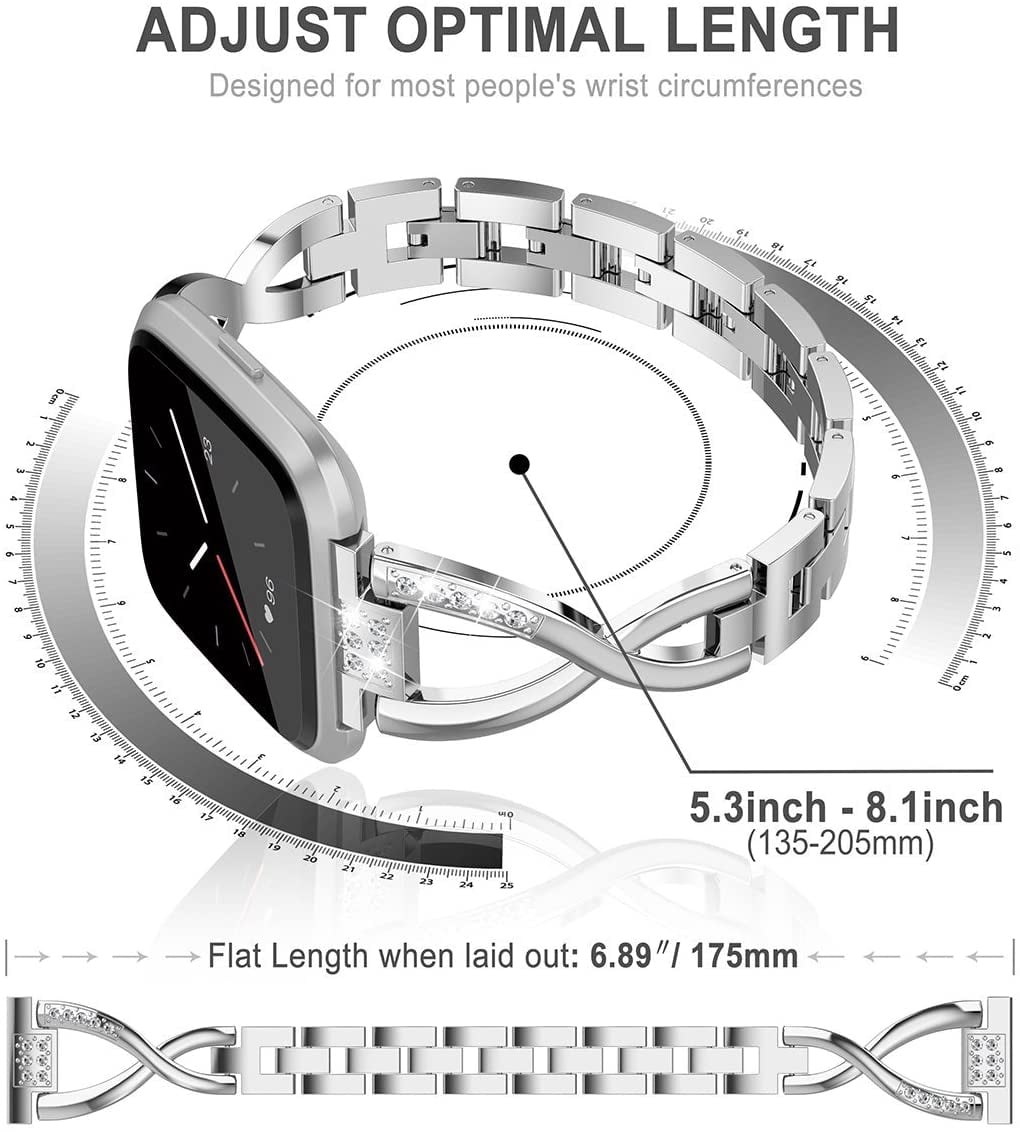 TOYOUTHS Bling Bracelet Compatible with Fitbit Versa/Versa 2 Bands for Women Stainless Steel Wristbands Replacement for Versa Lite Edition/Versa SE Accessories Dressy Metal Strap