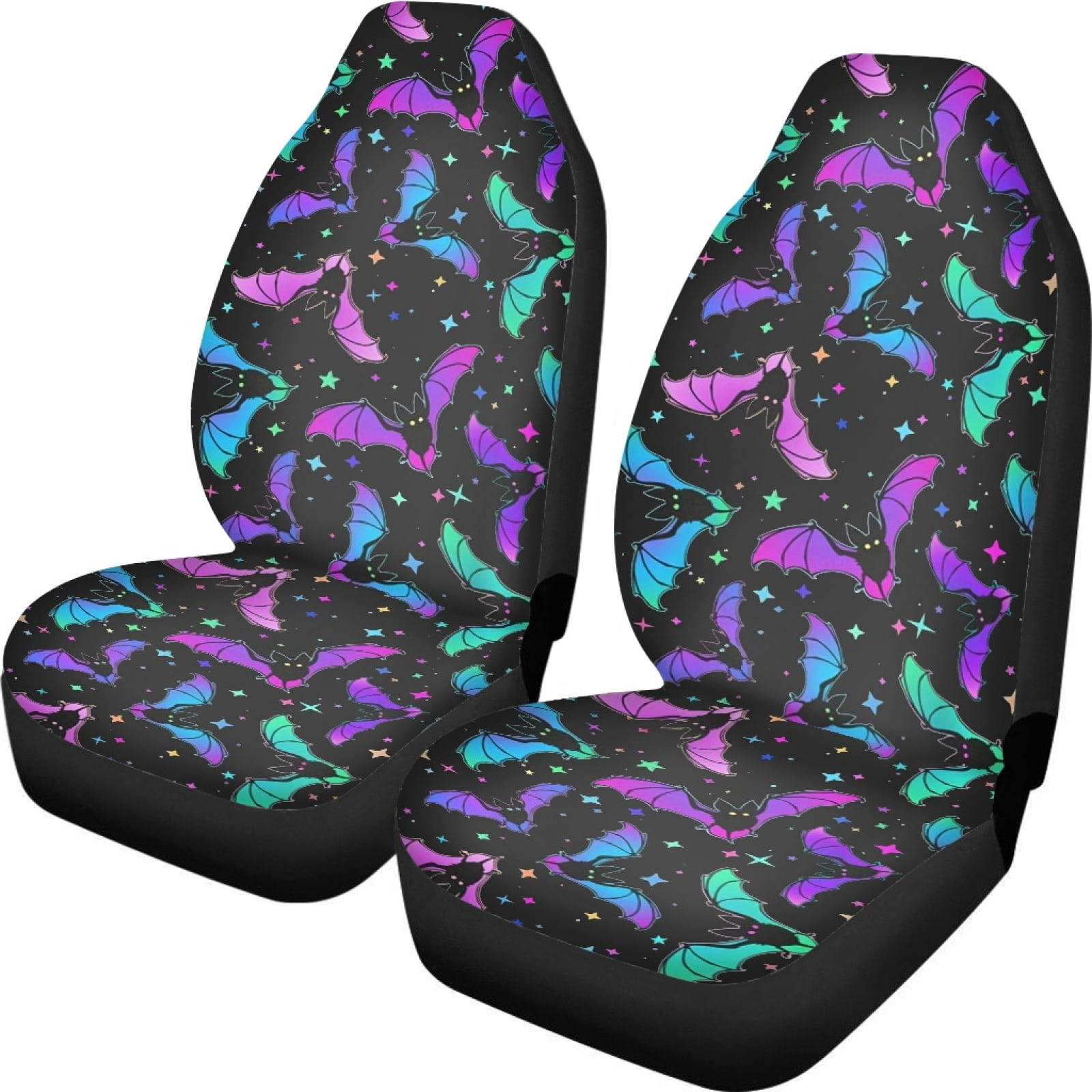 Xoenoiee Colorful Bat Stars Pattern Car Seat Cover Front Seats Only Full Set of 2, Universal Bucket High Back Comfortable Front Auto Seats Cushion