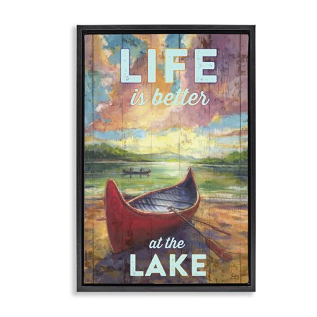Stupell Industries Life At Lake with Canoe Transportation Painting Black Floater Framed Canvas Art Print Wall Art, 17 x 25