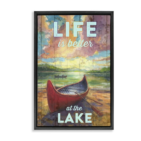 Stupell Industries Life At Lake with Canoe Transportation Painting Black Floater Framed Canvas Art Print Wall Art, 17 x 25