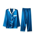 thumbnail image 4 of Ensemble de Pyjama en Satin pour Femmes, Couleur Unie avec Garniture Contrastée, Haut à Manches Longues avec Col Cranté et Pantalon, Détail de Manchette Contrastée Élégant, Chemise de Nuit à Boutons Bleu TG, 4 of 8