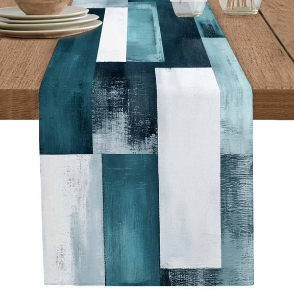 nqOlkjepod Teal Geometric Table Runner 72 Inches Long Farmhouse Dress Scarves, Vintage Oil Painting Contemporary Dining Tablerunner for Coffee Table/Kitchen Island/Party Décor, 13" x 72"