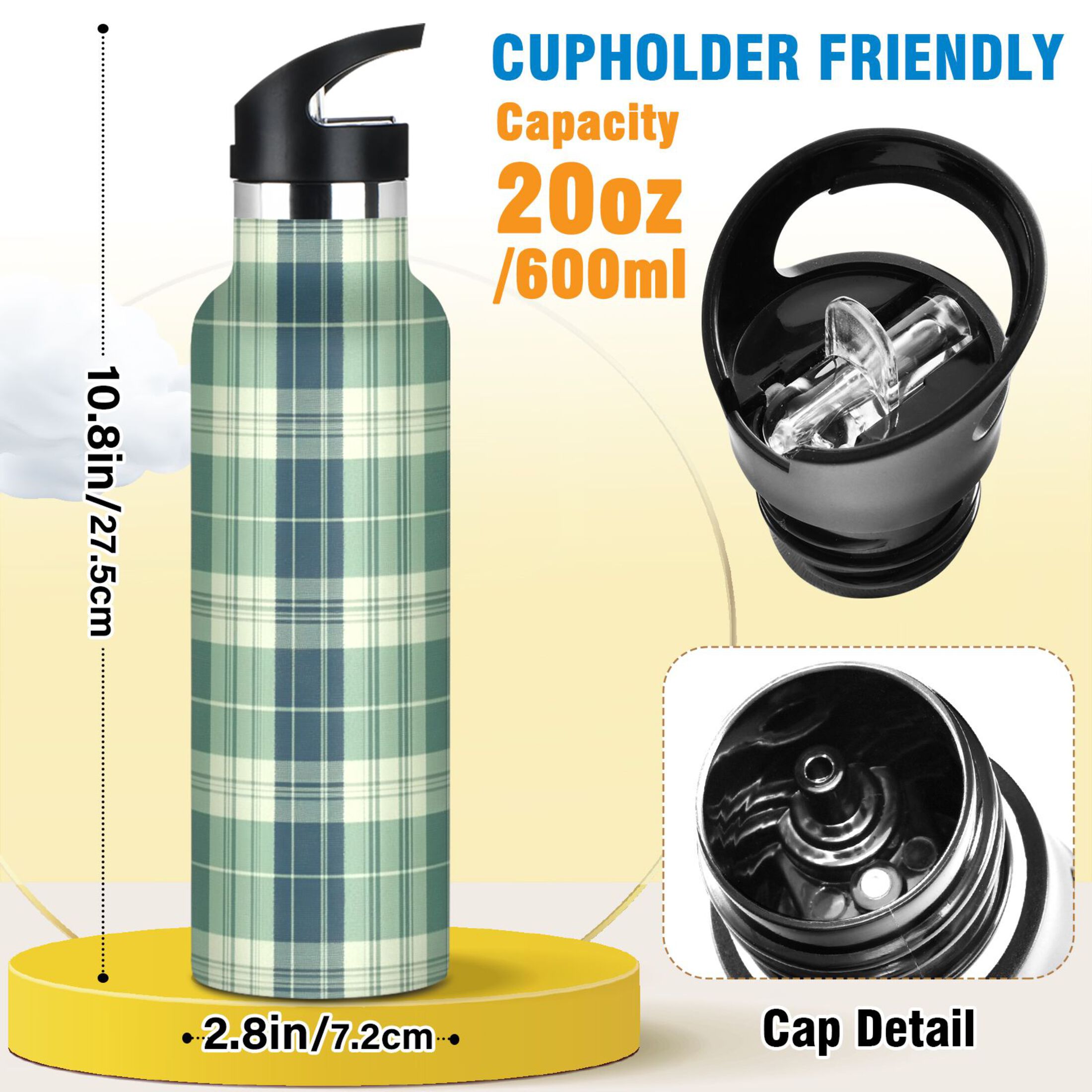 Kids Insulated Stainless Steel Sports Water Bottle 600ml (20oz), BPA-Free Green Tartan Pattern