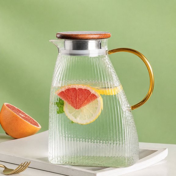 Qiopertar Clear Glass Water Kettle 60.9 fl oz, Large Capacity High Borosilicate Kettle for Refrigerator, Heat Resistant Household Kettle with Stainless Steel Lid