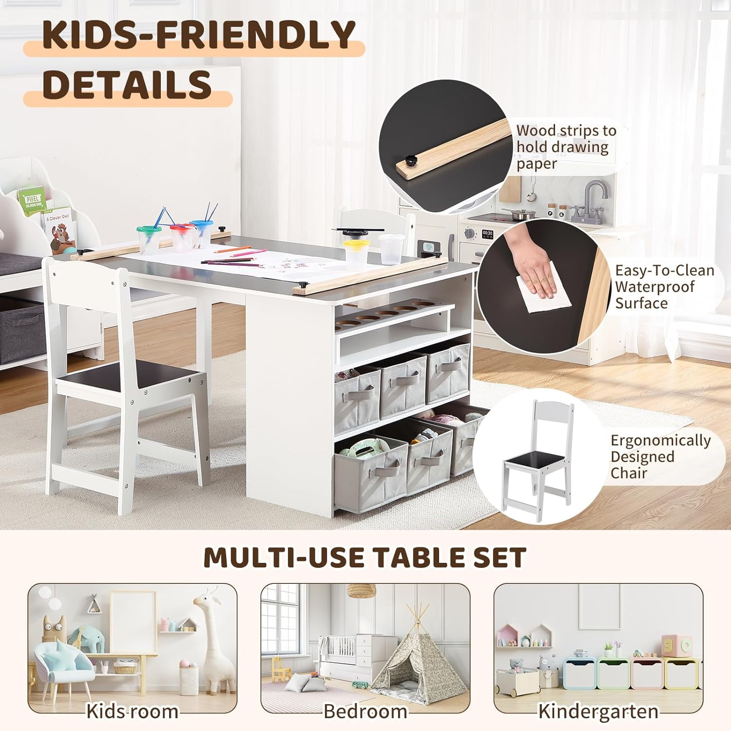 4 In 1 Kids Art Table and Chair Set,Toddler Craft Large Storage Desk With Portable Art Supply Organizer, Drawing Desk, Kids Activity and Study Table, Activity & Crafts for Children Wooden Furniture