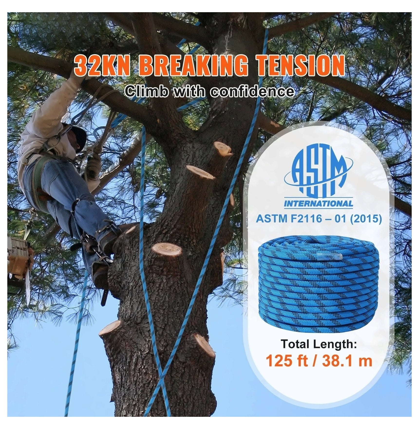 12.7mm Static Climbing Rope 38M(125ft) - 32KN Rock Climbing Rope with Snap Hooks for Rappelling, Rescue, & Outdoor Adventure - Blue