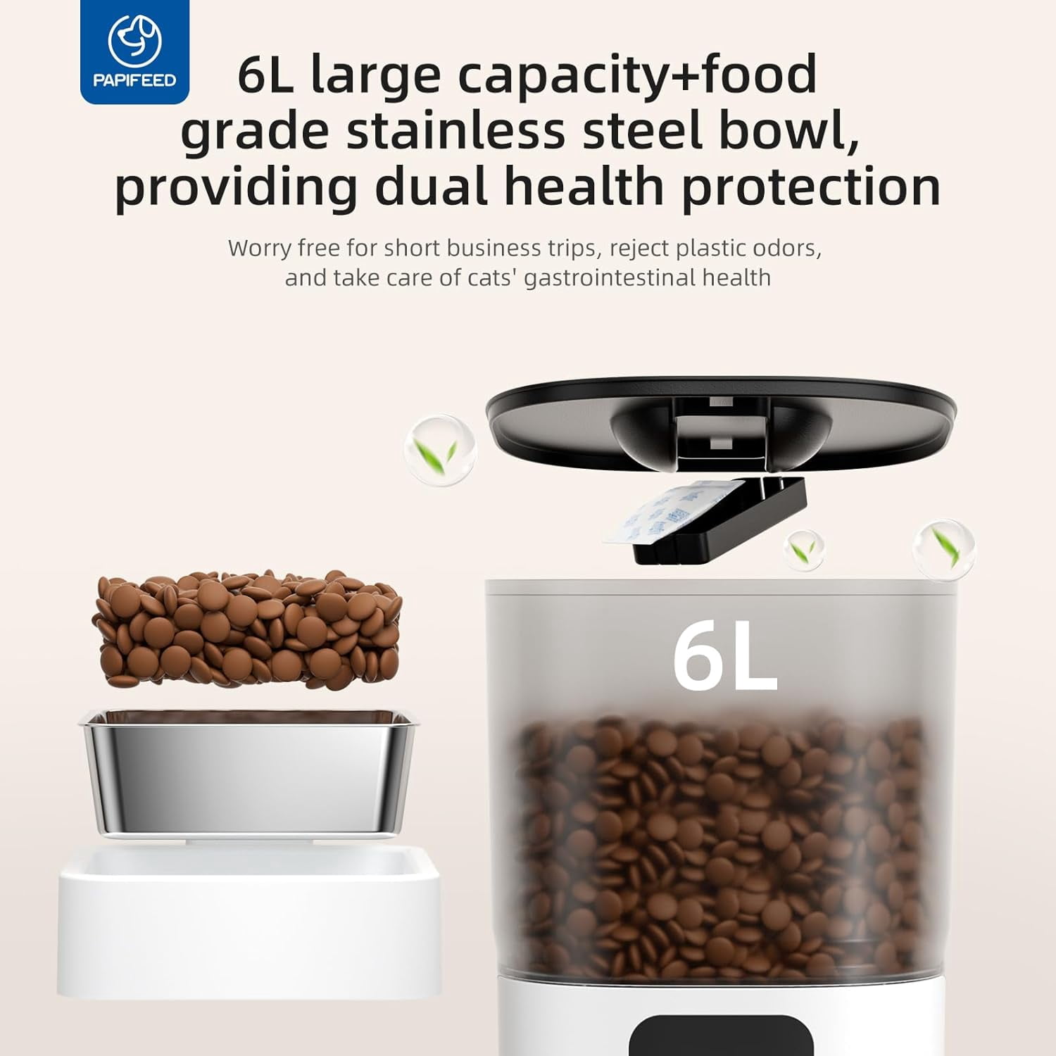 Smart Automatic Cat Feeder with WiFi APP Control, Stainless Steel Bowl, 6L/25 Cup Capacity for Dog and Cat