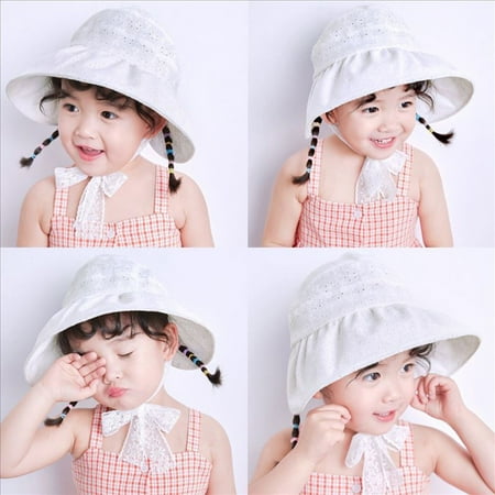 

Kaesi Floral Kids Empty Top Wide Brim Lace Chin Strap Suncap Summer Protective Hat
