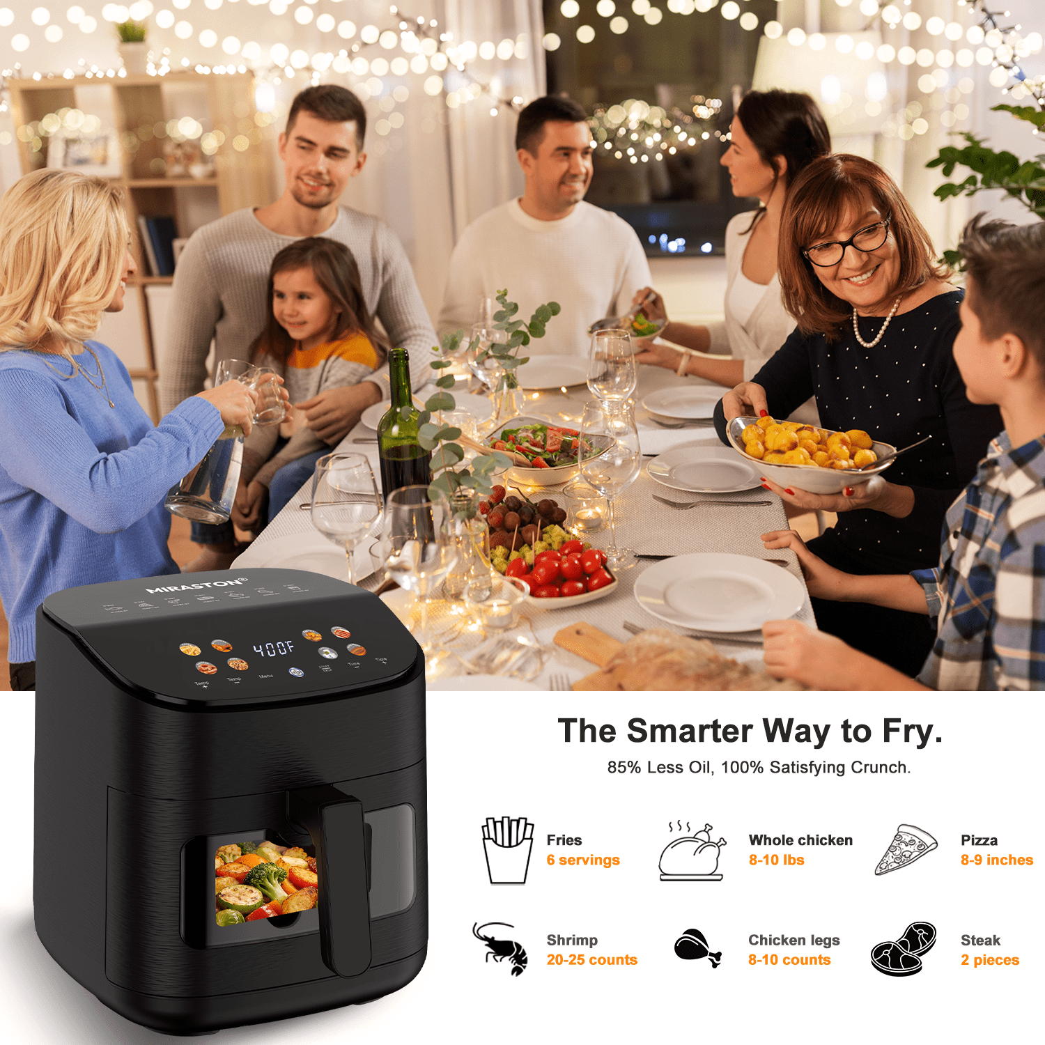 MIRASTON 6.8QT Smart Digital Air Fryer with Visual Window, 8 Presets Recipes for Fast Easy Meal, Snack, Dessert, Dishwasher-Safe, for Family Dinner
