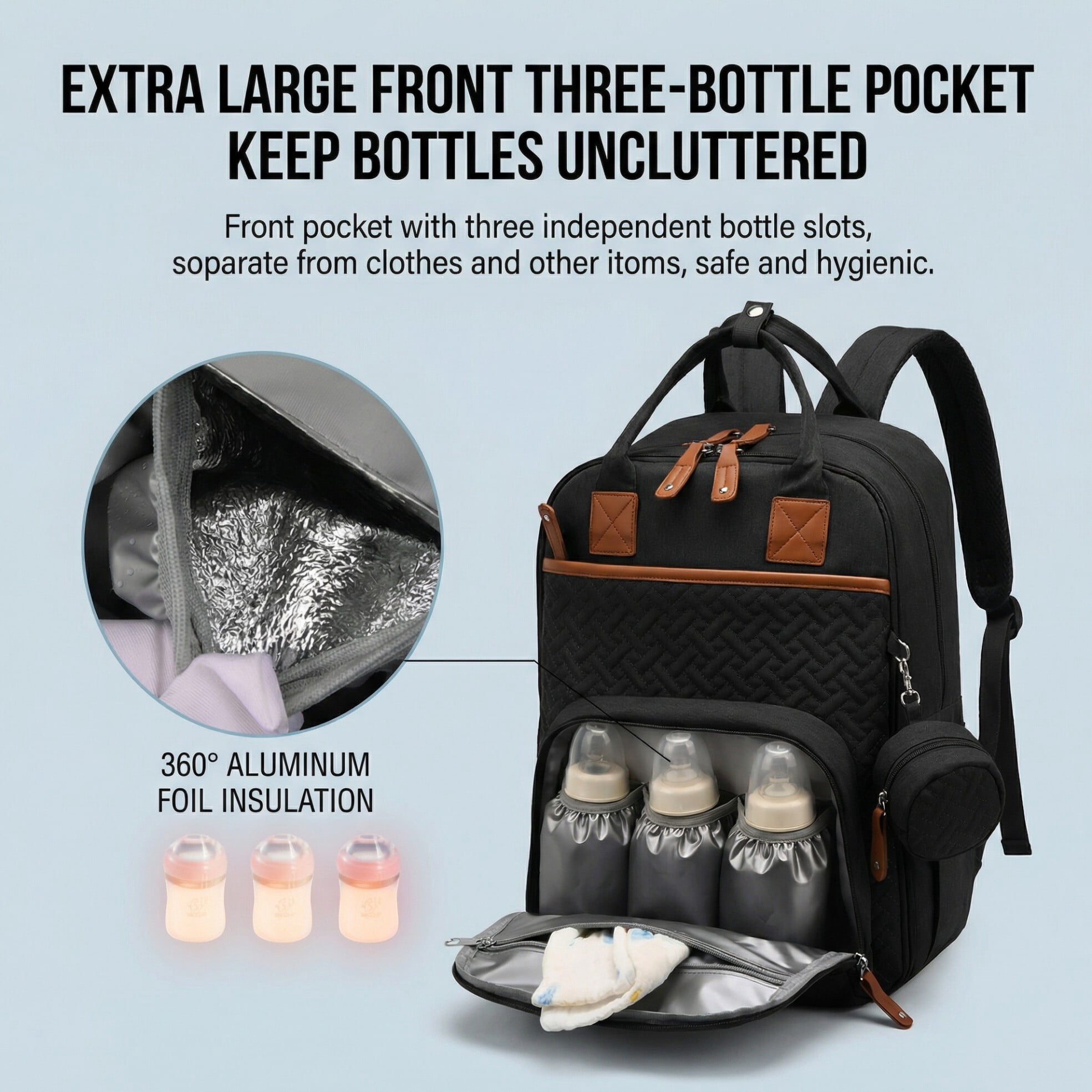 Baby diaper bag, with changing pad, multi-functional baby diaper bag, portable diaper bag, diaper bag storage bag, with insulated bottle bag, suitable for both boys and girls, Black.